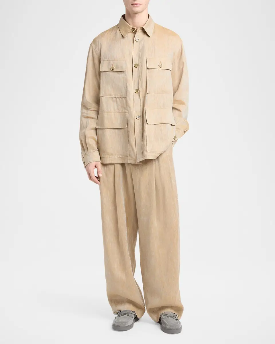 Giorgio Armani Men's Linen Oversized Straight-Leg Pleated Pants | Thumbnail 2