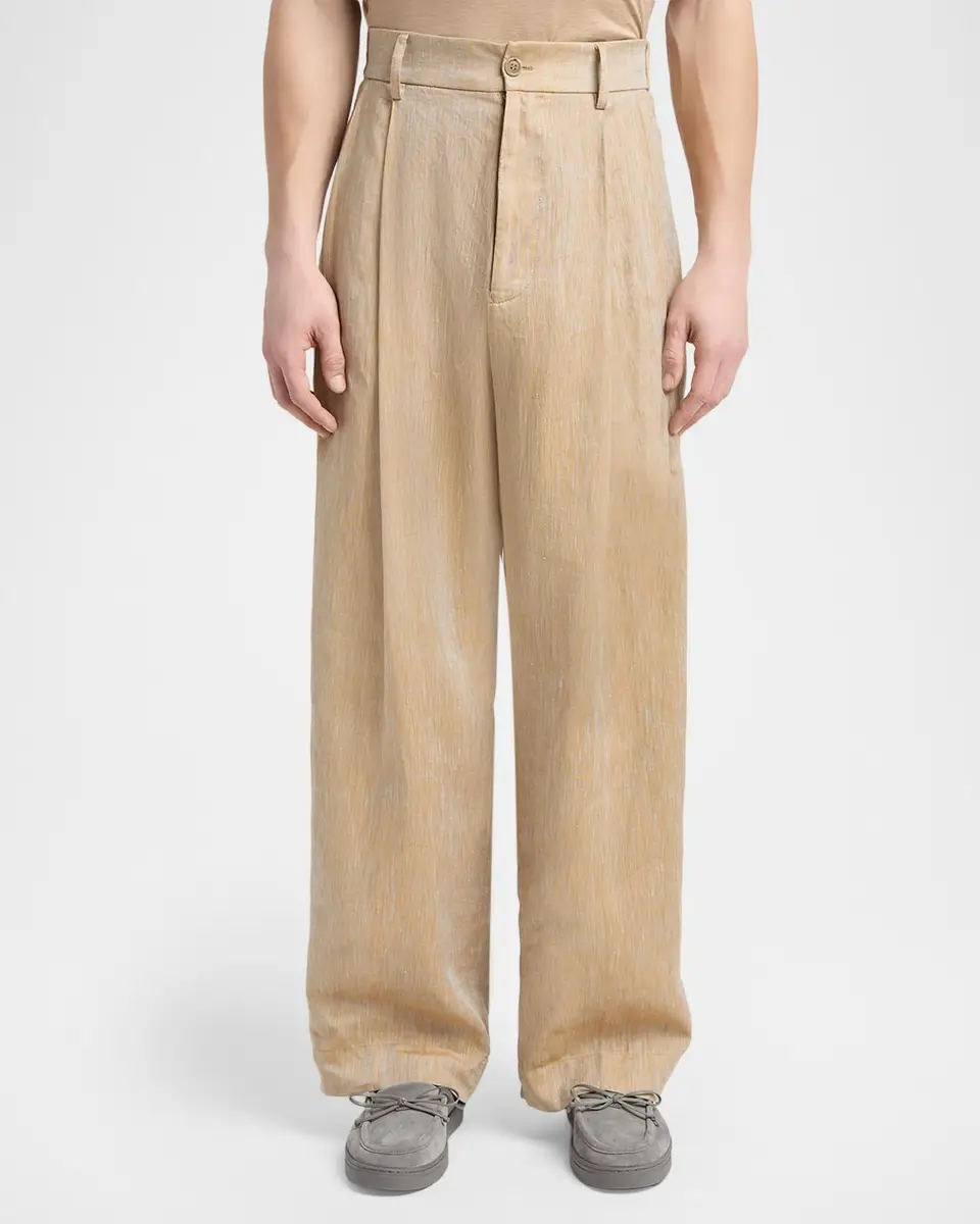 Giorgio Armani Men's Linen Oversized Straight-Leg Pleated Pants | Thumbnail 4