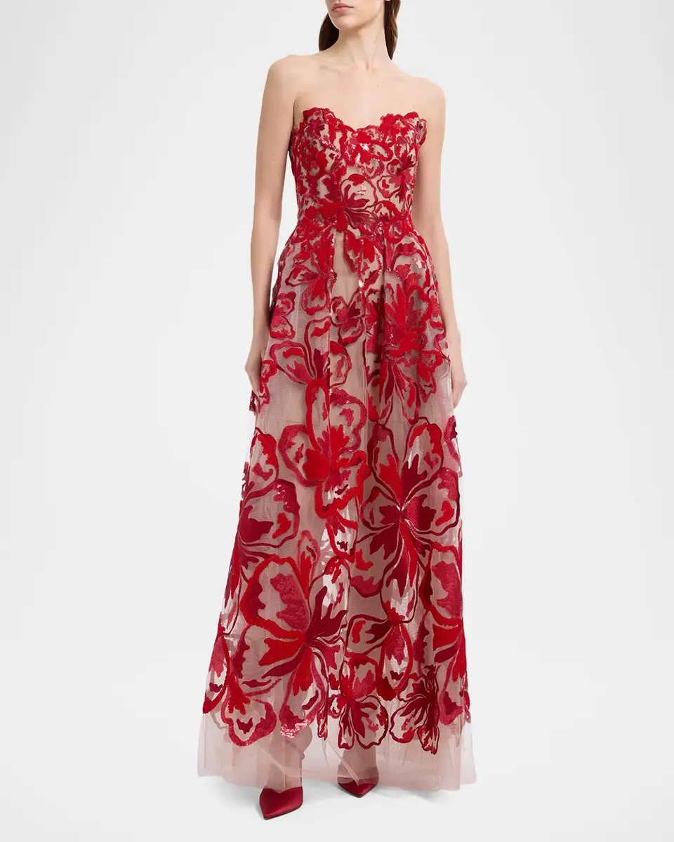 Elie Saab Strapless Sequined Velvet Floral Tulle Gown | Thumbnail 2