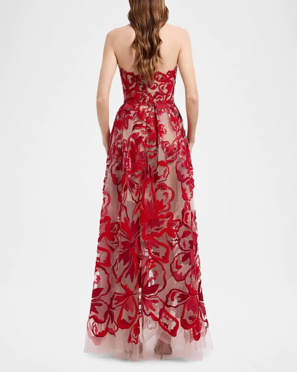 Elie Saab Strapless Sequined Velvet Floral Tulle Gown | Thumbnail 3