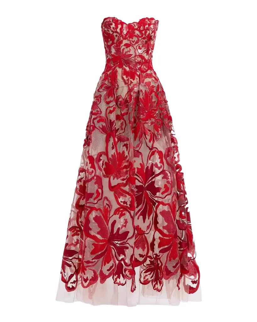 Elie Saab Strapless Sequined Velvet Floral Tulle Gown | Image 1 Elie Saab Strapless Sequined Velvet Floral Tulle Gown | Image 1