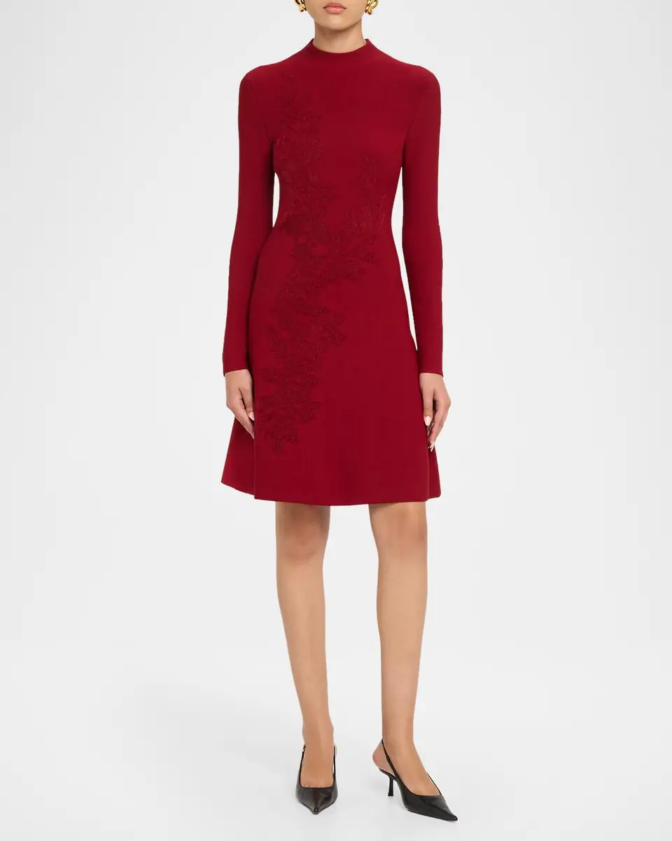 Lela Rose Floral Velvet Jacquard Long-Sleeve A-Line Dress | Thumbnail 2 Lela Rose Floral Velvet Jacquard Long-Sleeve A-Line Dress | Thumbnail 2