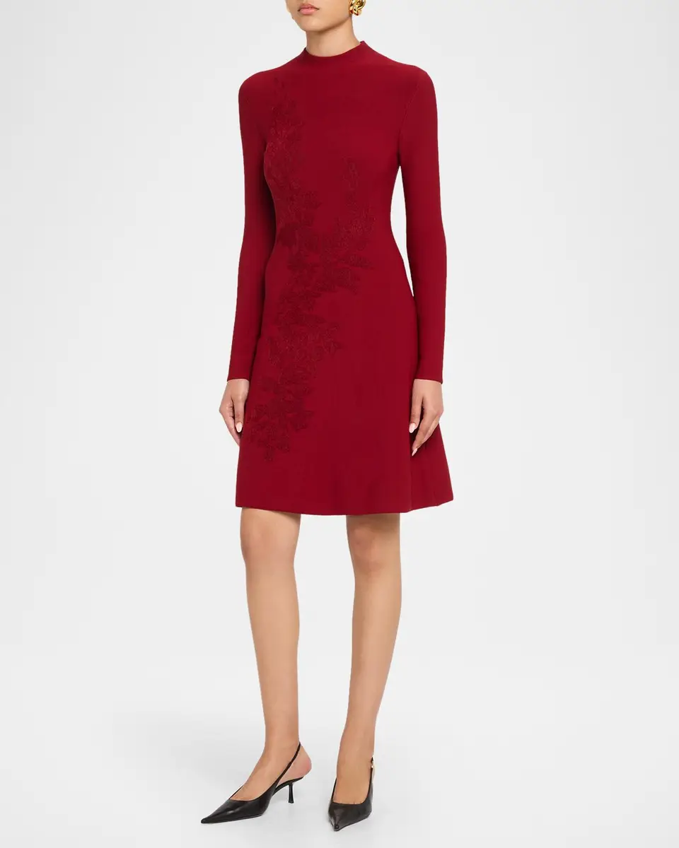Lela Rose Floral Velvet Jacquard Long-Sleeve A-Line Dress | Thumbnail 4 Lela Rose Floral Velvet Jacquard Long-Sleeve A-Line Dress | Thumbnail 4