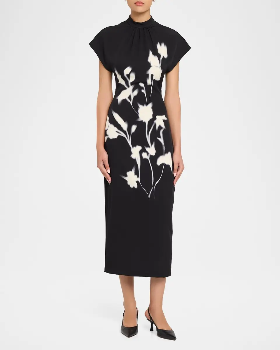 Lela Rose Mock-Neck Floral Crepe Stretch Midi Dress | Thumbnail 2