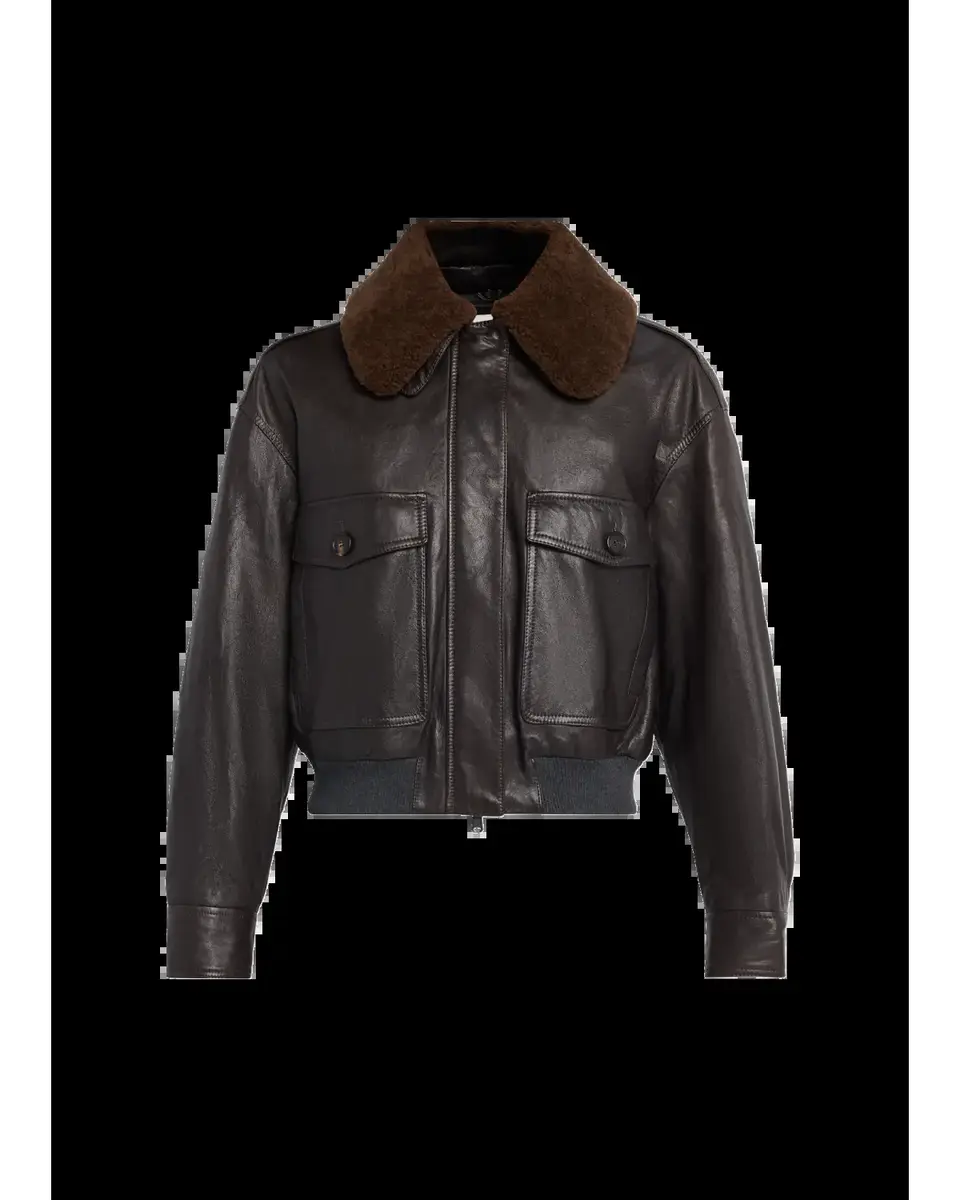 Brunello Cucinelli Waxed Leather Aviator Jacket With Lamb Shearling Collar | Thumbnail 2 Brunello Cucinelli Waxed Leather Aviator Jacket With Lamb Shearling Collar | Thumbnail 2