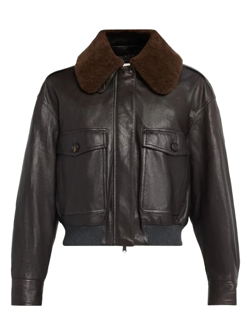 Waxed Leather Aviator Jacket With Lamb Shearling Collar Waxed Leather Aviator Jacket With Lamb Shearling Collar