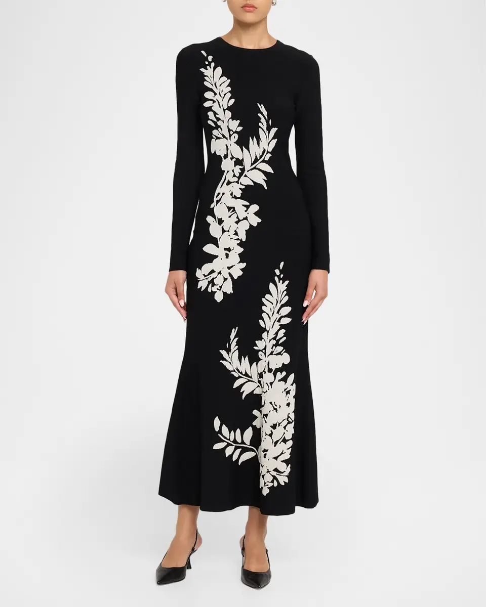 Lela Rose Velvet Jacquard Knit Long-Sleeve Ankle Dress | Thumbnail 2 Lela Rose Velvet Jacquard Knit Long-Sleeve Ankle Dress | Thumbnail 2