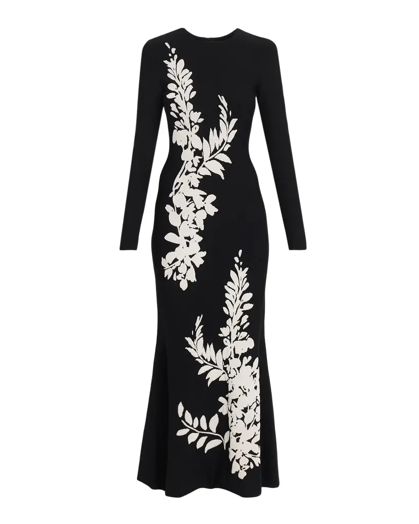 Lela Rose Velvet Jacquard Knit Long-Sleeve Ankle Dress | Image 1 Lela Rose Velvet Jacquard Knit Long-Sleeve Ankle Dress | Image 1