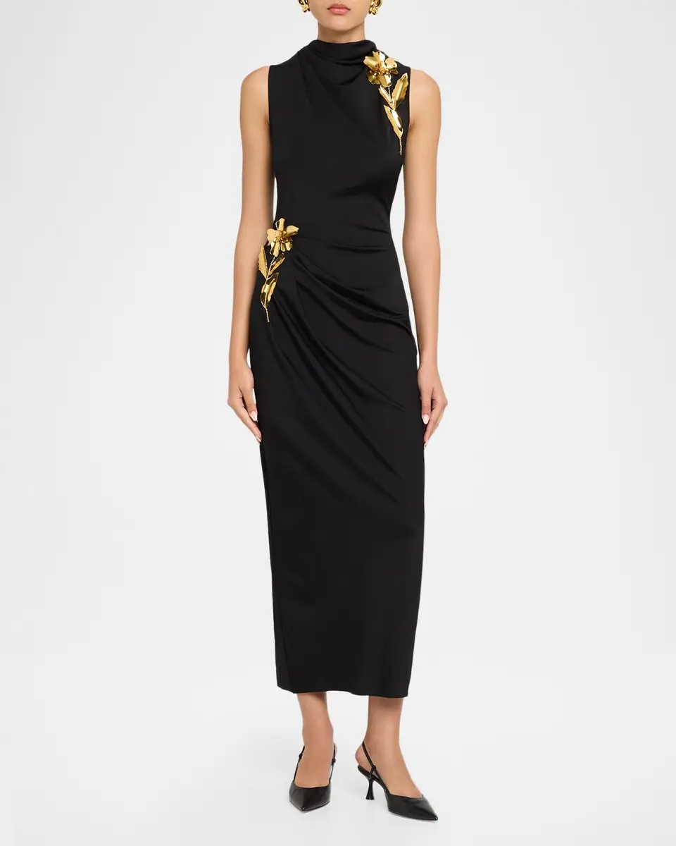 Lela Rose 3D Metallic Flower Draped Jersey Midi Dress | Thumbnail 2
