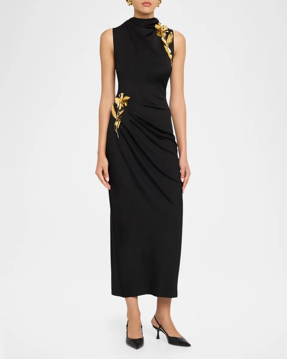 Lela Rose 3D Metallic Flower Draped Jersey Midi Dress | Thumbnail 4
