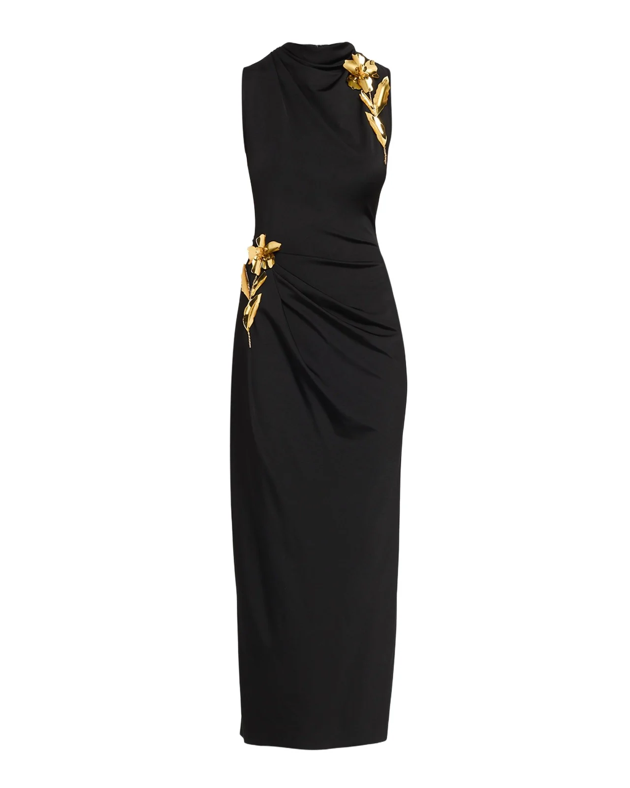 3D Metallic Flower Draped Jersey Midi Dress 3D Metallic Flower Draped Jersey Midi Dress