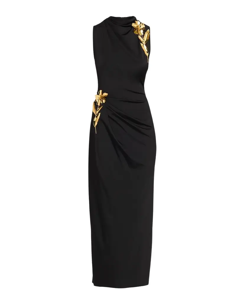 Lela Rose 3D Metallic Flower Draped Jersey Midi Dress | Image 1 Lela Rose 3D Metallic Flower Draped Jersey Midi Dress | Image 1