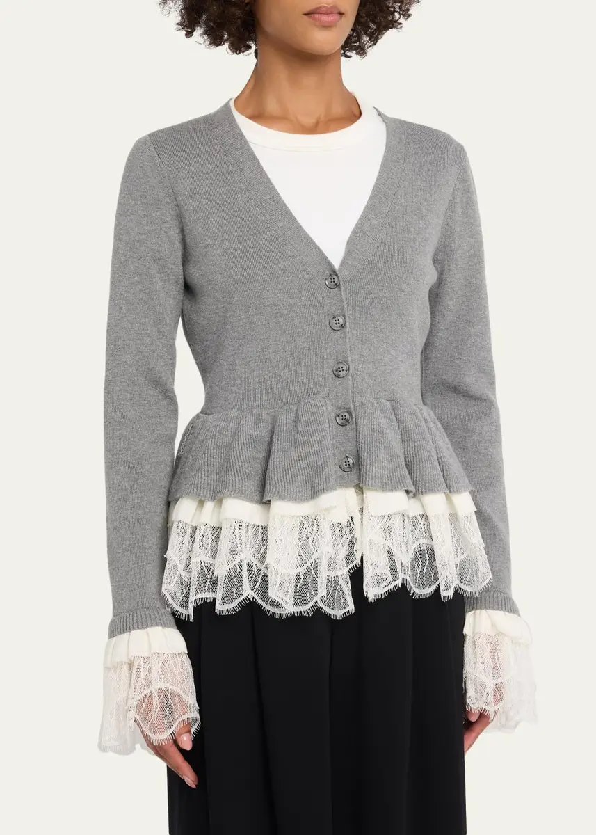 Cinq à Sept Dolly Ruffled Lace-Trimmed Peplum Cardigan | Thumbnail 4 Cinq à Sept Dolly Ruffled Lace-Trimmed Peplum Cardigan | Thumbnail 4