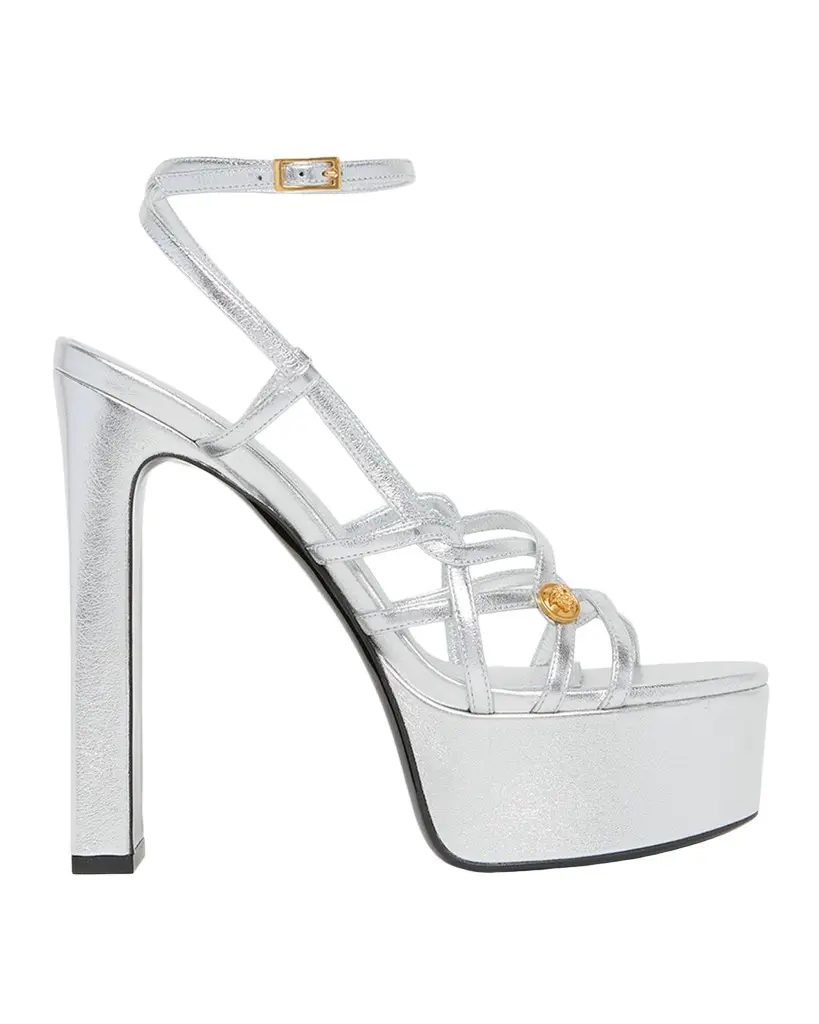 Versace 140mm Medusa Metallic Leather Platform Sandals | Image 1 Versace 140mm Medusa Metallic Leather Platform Sandals | Image 1