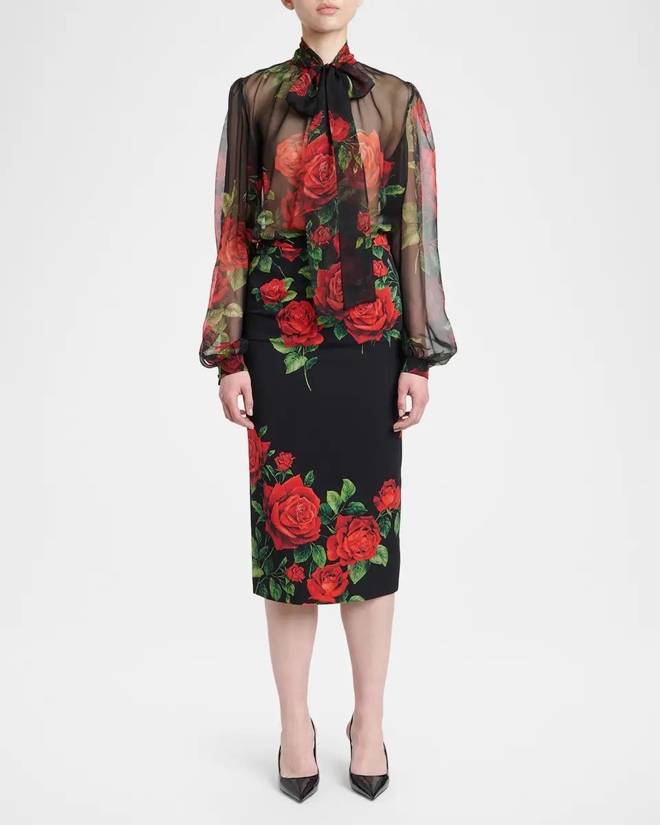 Dolce & Gabbana Rose-Print Silk Chiffon Bow-Neck Blouse | Thumbnail 2 Dolce & Gabbana Rose-Print Silk Chiffon Bow-Neck Blouse | Thumbnail 2