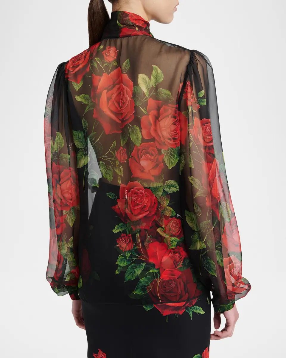 Dolce & Gabbana Rose-Print Silk Chiffon Bow-Neck Blouse | Thumbnail 3 Dolce & Gabbana Rose-Print Silk Chiffon Bow-Neck Blouse | Thumbnail 3
