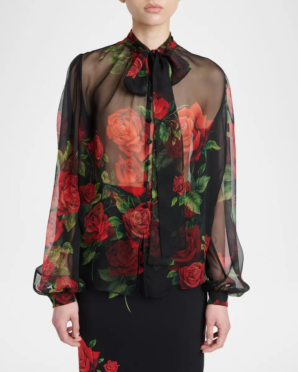 Dolce & Gabbana Rose-Print Silk Chiffon Bow-Neck Blouse | Thumbnail 4 Dolce & Gabbana Rose-Print Silk Chiffon Bow-Neck Blouse | Thumbnail 4