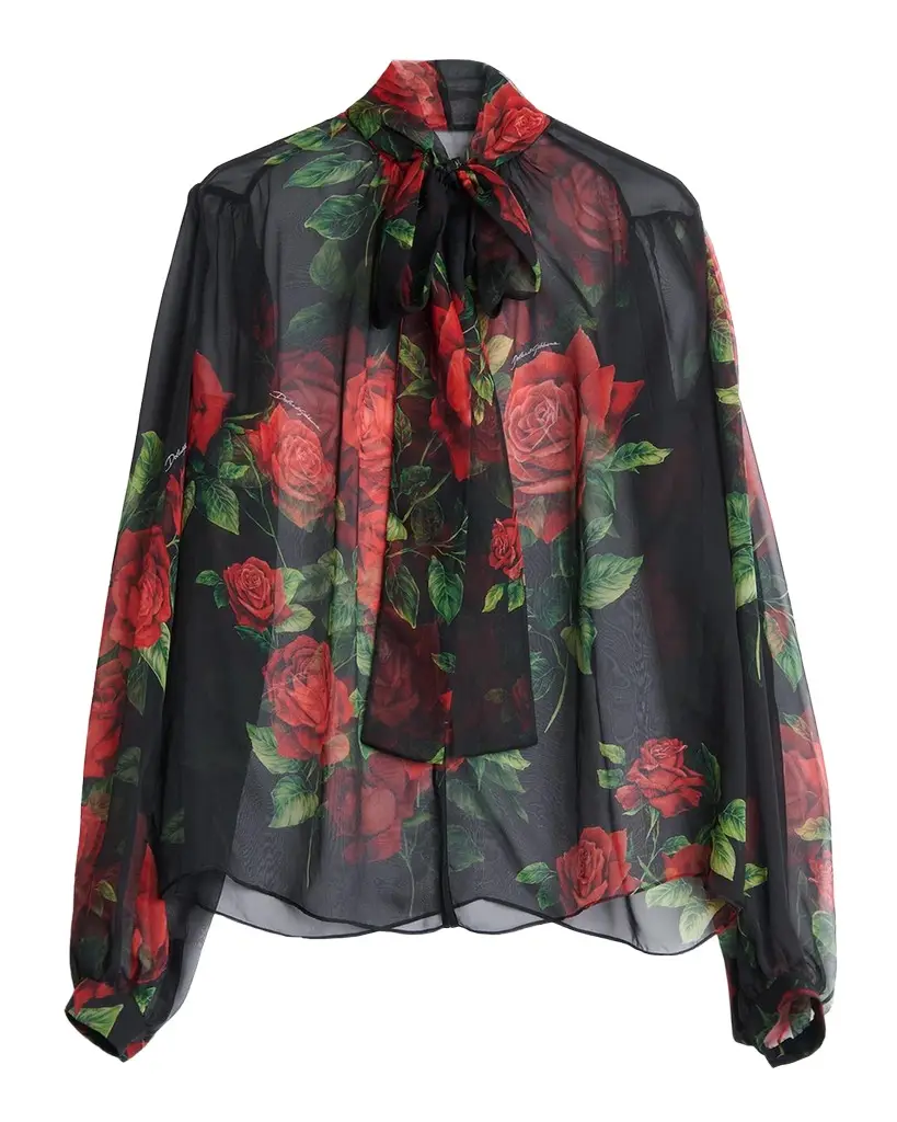 Dolce & Gabbana Rose-Print Silk Chiffon Bow-Neck Blouse | Image 1 Dolce & Gabbana Rose-Print Silk Chiffon Bow-Neck Blouse | Image 1