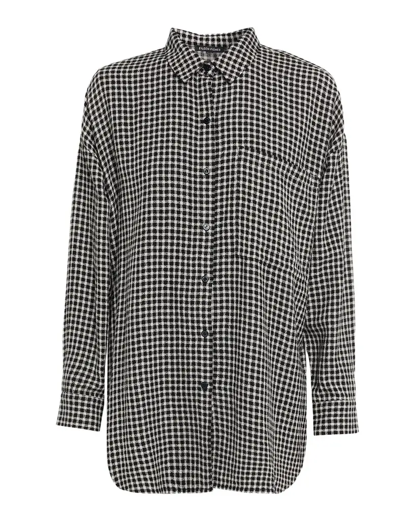 Eileen Fisher Crinkled Wool-Cotton Grid Shirt