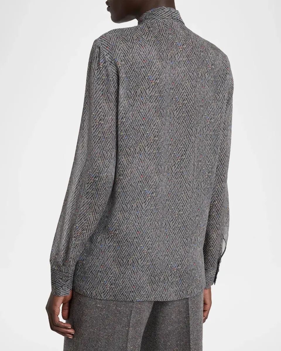 Gabriela Hearst Shildon Herringbone Silk Bow Button-Down Top | Thumbnail 3 Gabriela Hearst Shildon Herringbone Silk Bow Button-Down Top | Thumbnail 3