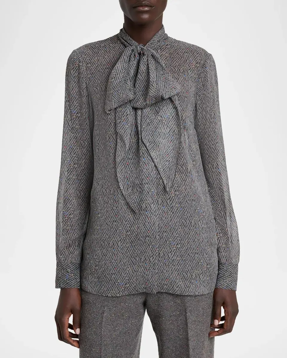 Gabriela Hearst Shildon Herringbone Silk Bow Button-Down Top | Thumbnail 4 Gabriela Hearst Shildon Herringbone Silk Bow Button-Down Top | Thumbnail 4