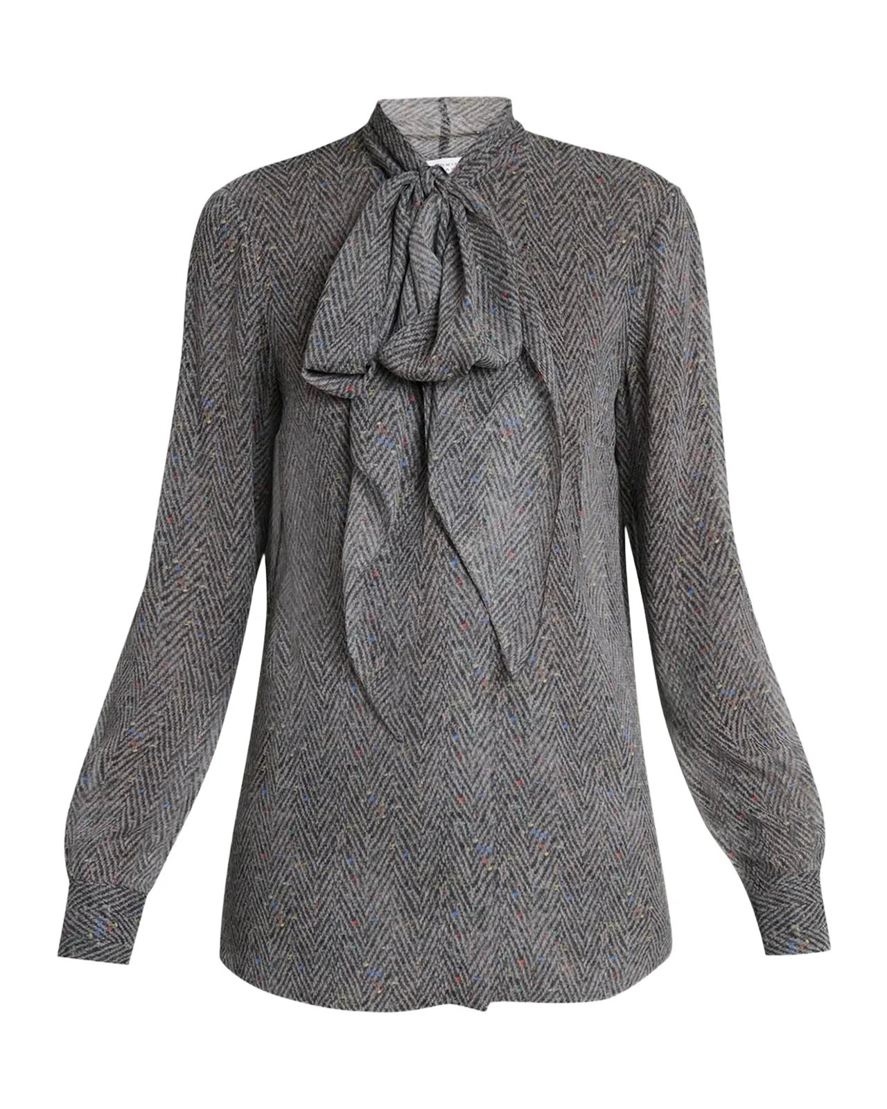 Shildon Herringbone Silk Bow Button-Down Top Shildon Herringbone Silk Bow Button-Down Top