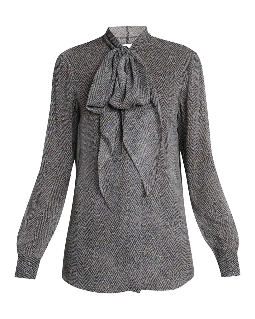 Gabriela Hearst Shildon Herringbone Silk Bow Button-Down Top | Image 1 Gabriela Hearst Shildon Herringbone Silk Bow Button-Down Top | Image 1