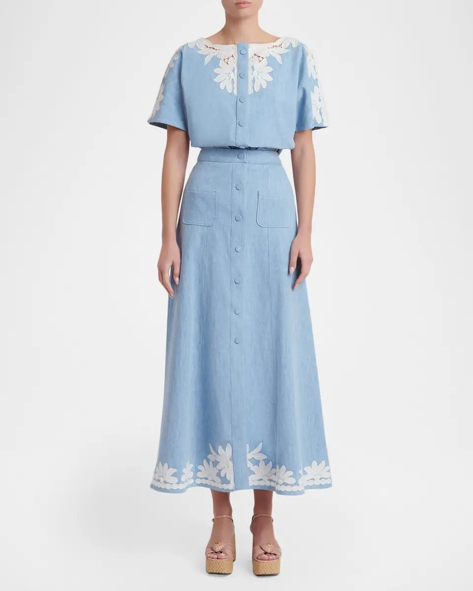 Valentino Garavani Short-Sleeve Floral Embroidered Denim Button-Front Top | Thumbnail 2 Valentino Garavani Short-Sleeve Floral Embroidered Denim Button-Front Top | Thumbnail 2