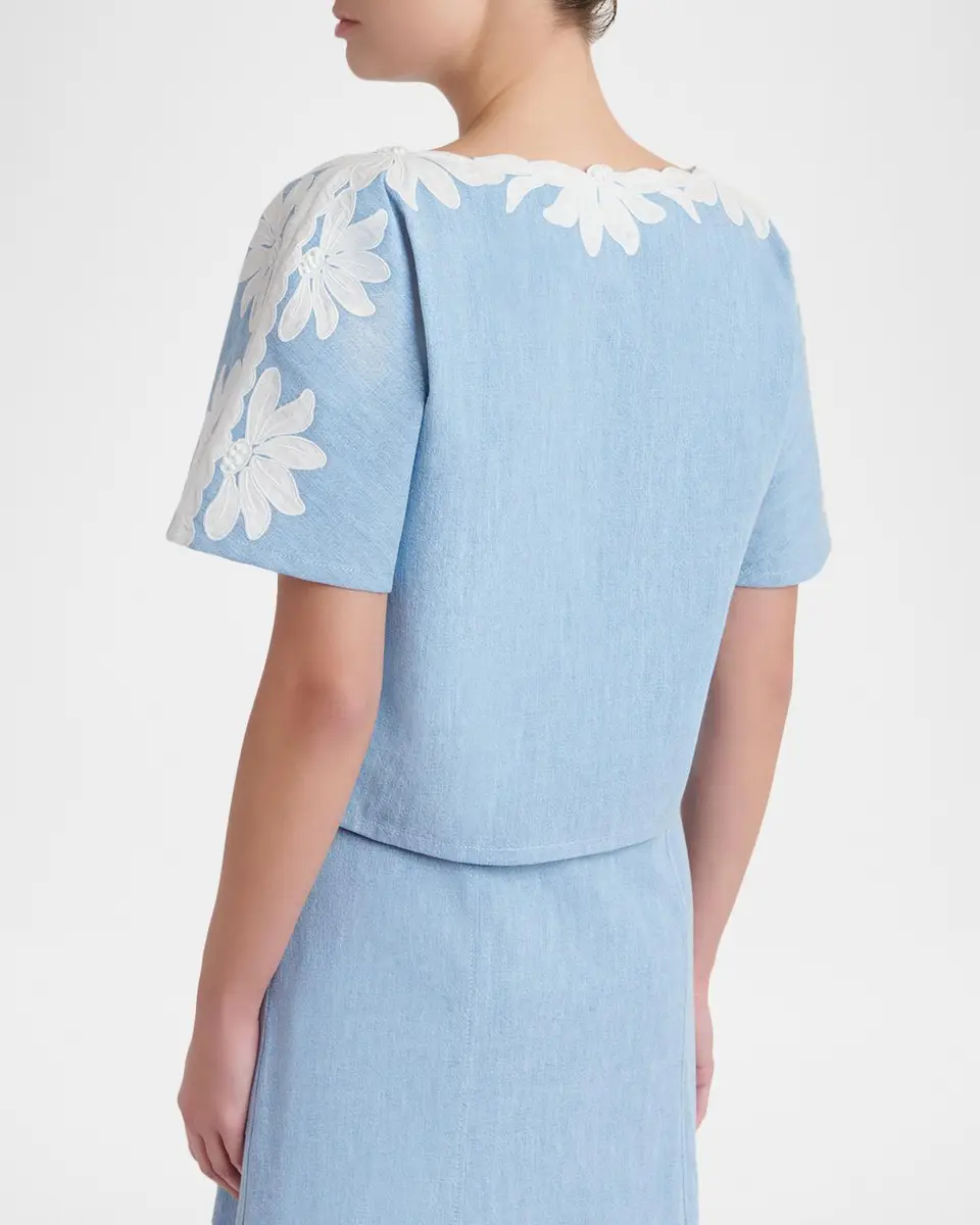 Valentino Garavani Short-Sleeve Floral Embroidered Denim Button-Front Top | Thumbnail 3 Valentino Garavani Short-Sleeve Floral Embroidered Denim Button-Front Top | Thumbnail 3