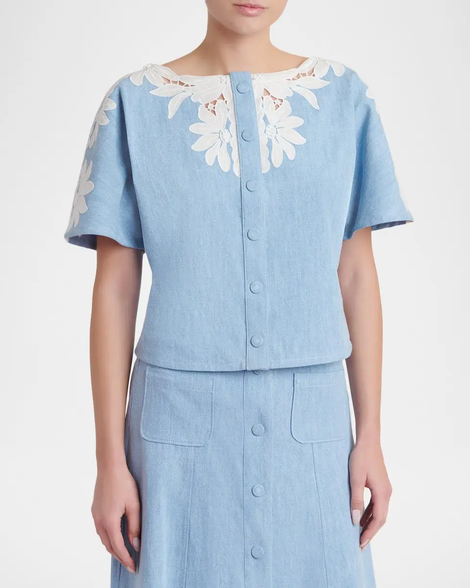 Valentino Garavani Short-Sleeve Floral Embroidered Denim Button-Front Top | Thumbnail 4 Valentino Garavani Short-Sleeve Floral Embroidered Denim Button-Front Top | Thumbnail 4