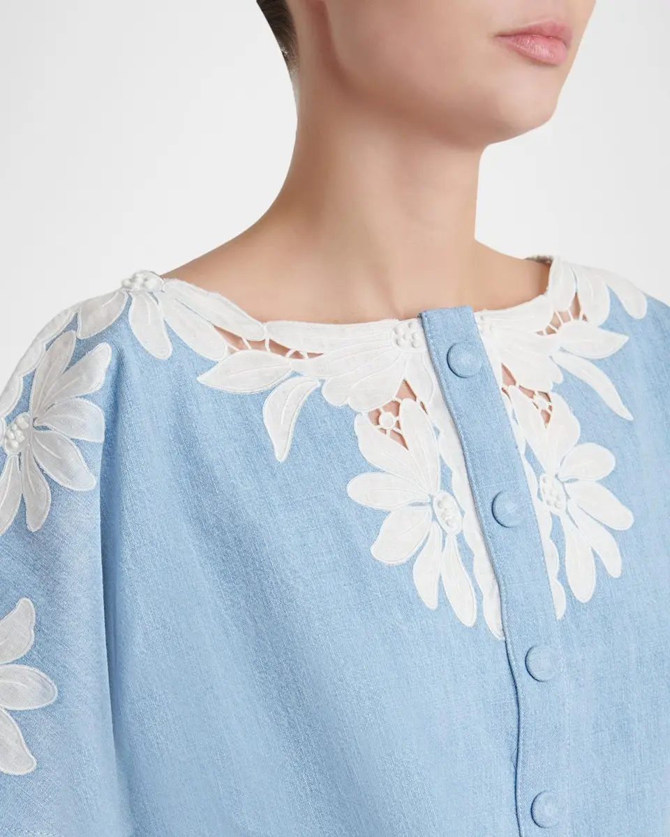 Valentino Garavani Short-Sleeve Floral Embroidered Denim Button-Front Top | Thumbnail 5 Valentino Garavani Short-Sleeve Floral Embroidered Denim Button-Front Top | Thumbnail 5