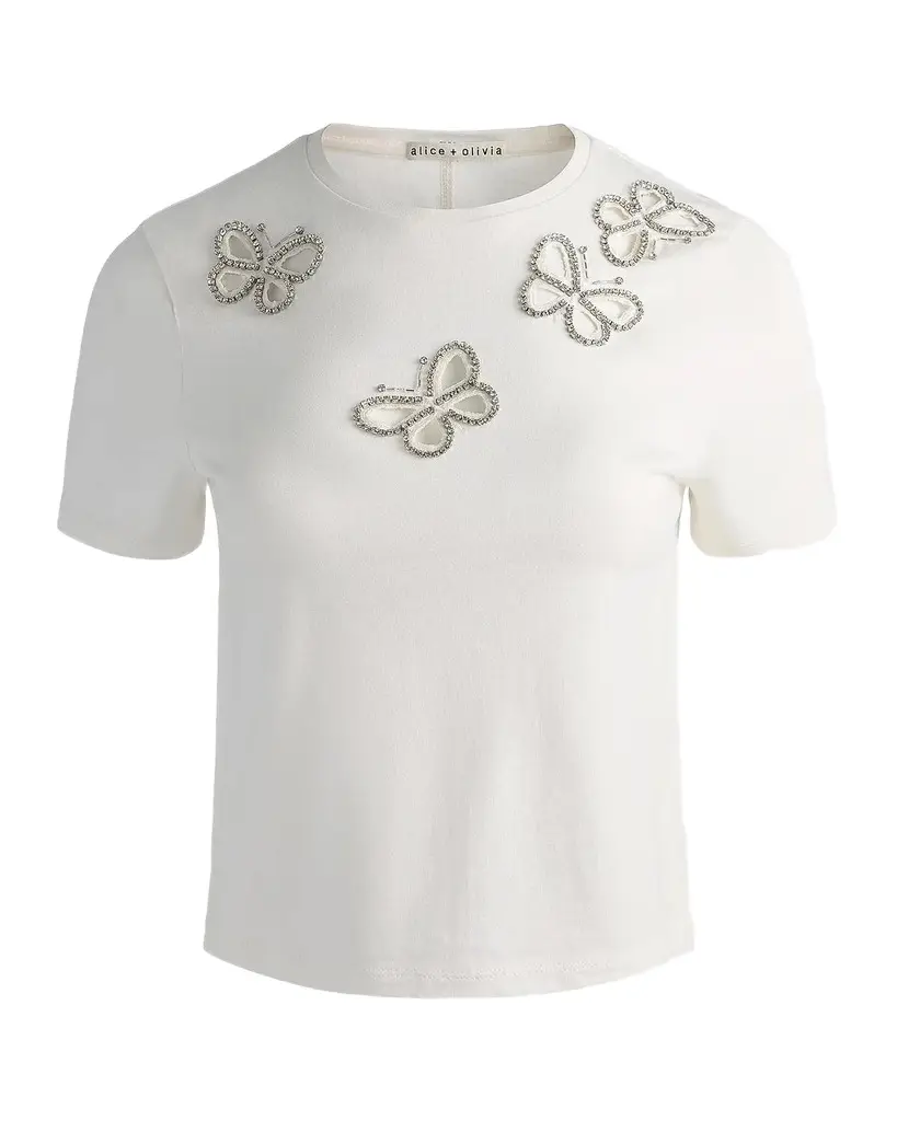 Alice + Olivia Cindy Embellished Butterfly Cropped T-Shirt | Image 1 Alice + Olivia Cindy Embellished Butterfly Cropped T-Shirt | Image 1