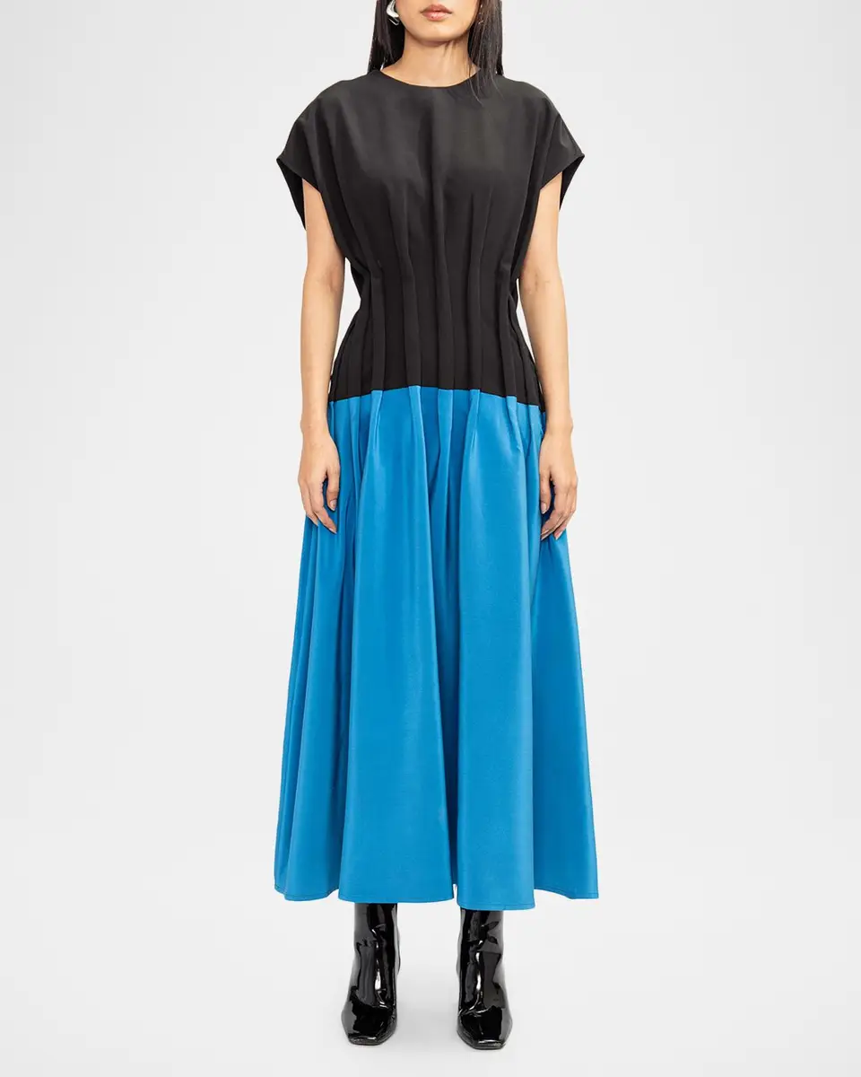 LOVEBIRDS Azure Pleated Colorblock Silk Midi Dress | Thumbnail 2 LOVEBIRDS Azure Pleated Colorblock Silk Midi Dress | Thumbnail 2