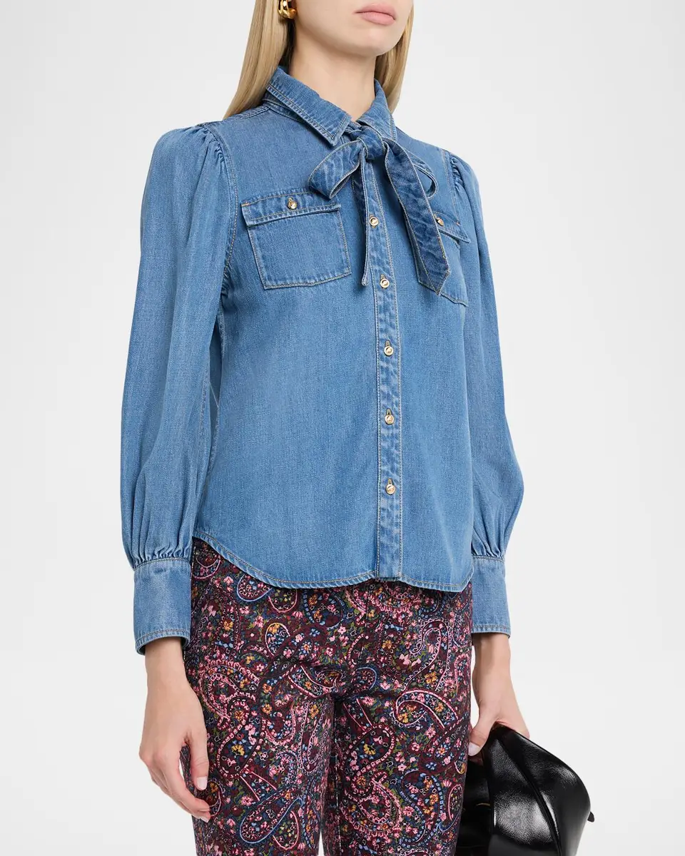 Cinq à Sept Adair Bishop-Sleeve Tie-Neck Chambray Blouse | Thumbnail 4 Cinq à Sept Adair Bishop-Sleeve Tie-Neck Chambray Blouse | Thumbnail 4