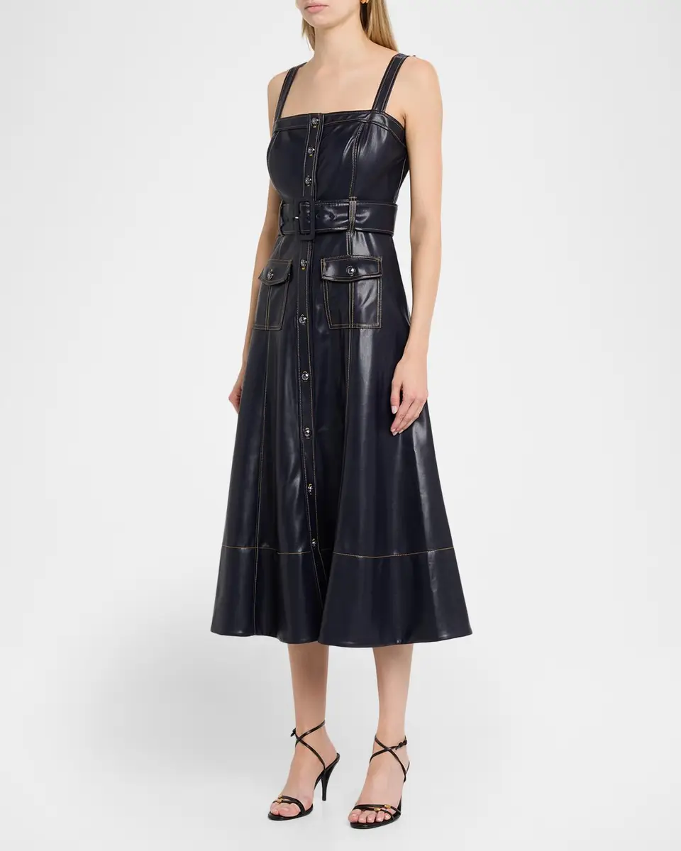 Cinq à Sept Veena Belted Vegan Leather Midi Dress | Thumbnail 4