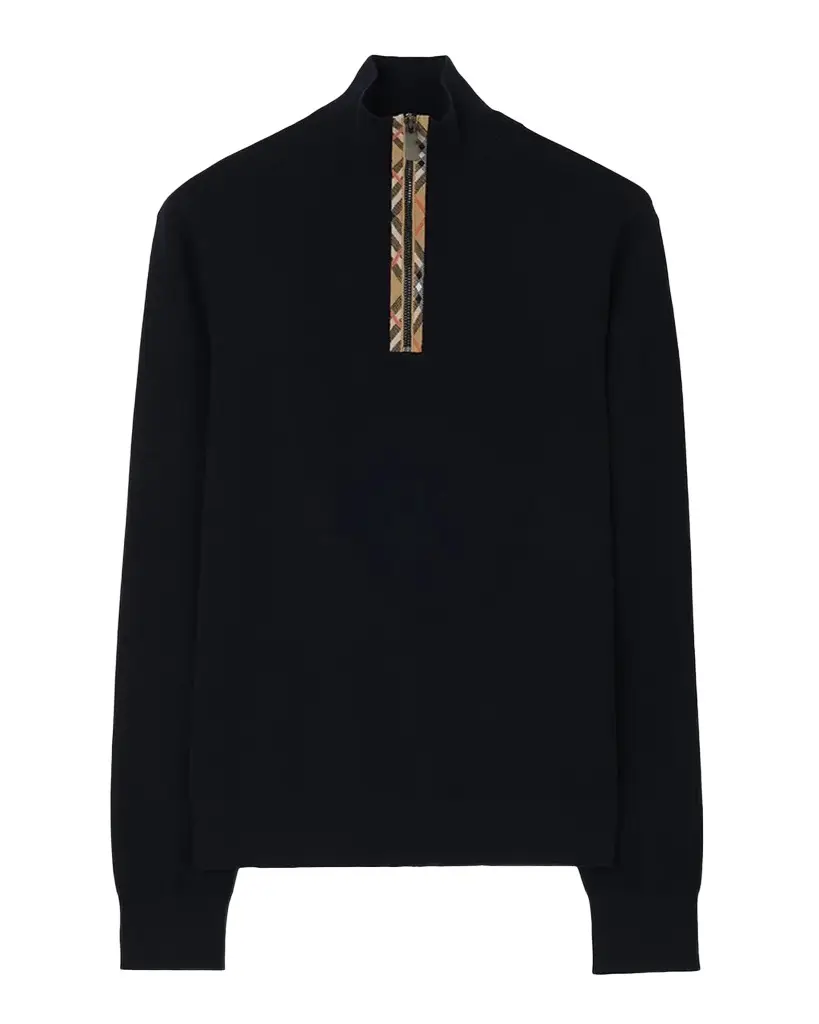 Burberry Men's Cameron Check-Trim Wool Half-Zip Sweater | Image 1 Burberry Men's Cameron Check-Trim Wool Half-Zip Sweater | Image 1
