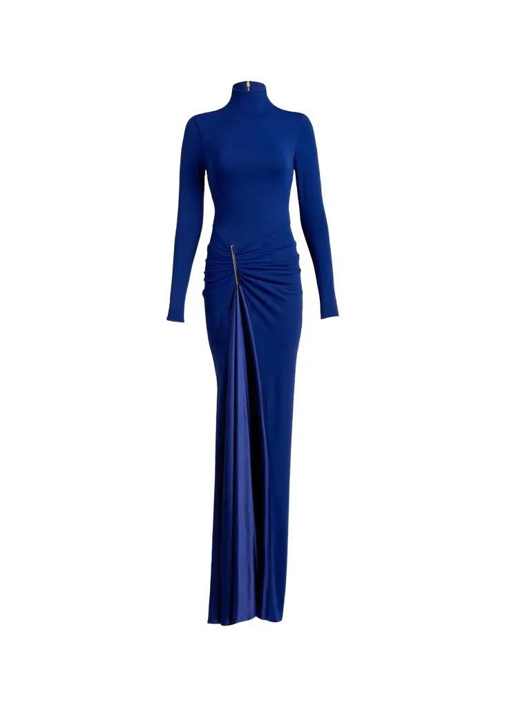 Silvia Tcherassi Lena Mock-Neck Ruched Jersey Slit Maxi Dress | Image 1 Silvia Tcherassi Lena Mock-Neck Ruched Jersey Slit Maxi Dress | Image 1