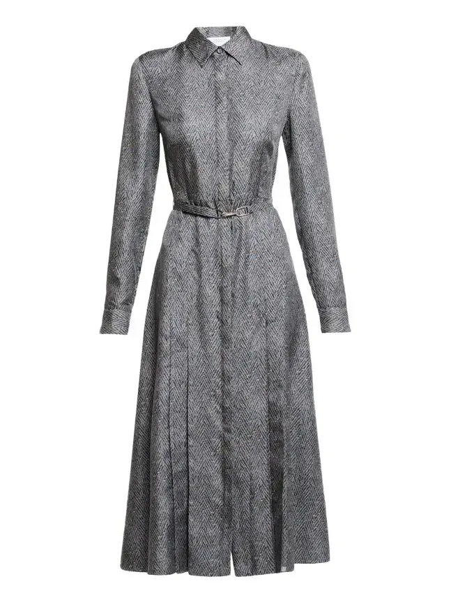 Gabriela Hearst Jane Herringbone Print Silk Belted Midi Shirtdress