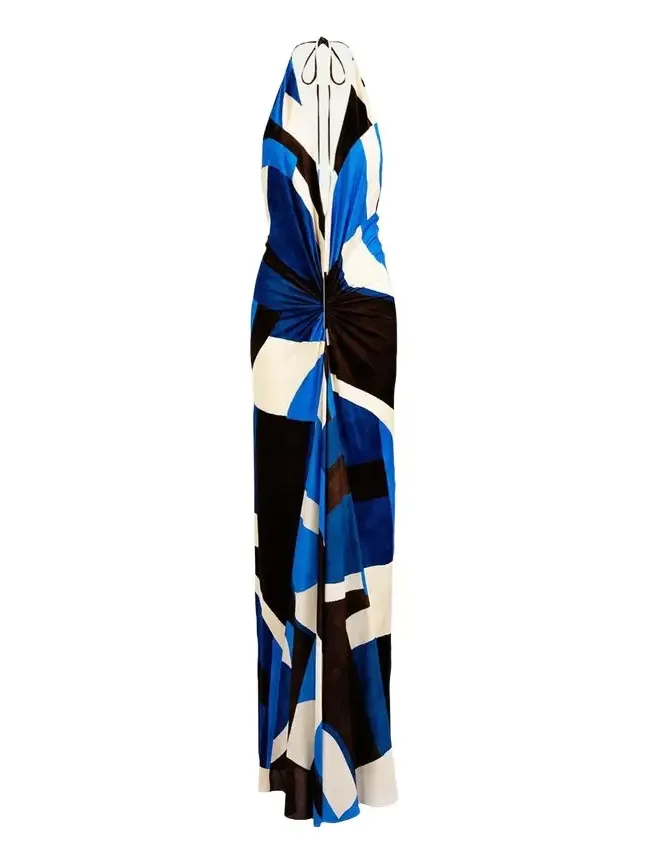 Malek Geo-Print Ruched Velvet Halter Maxi Dress Malek Geo-Print Ruched Velvet Halter Maxi Dress
