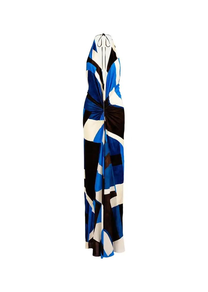 Silvia Tcherassi Malek Geo-Print Ruched Velvet Halter Maxi Dress