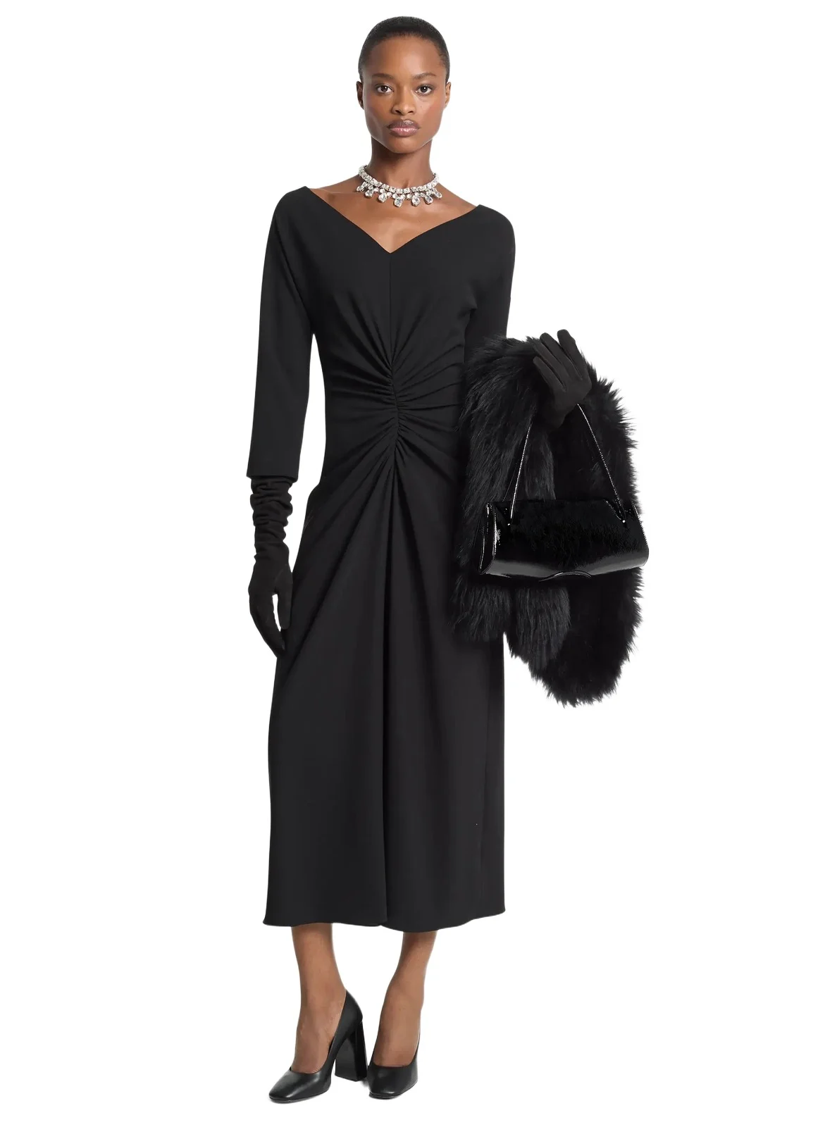 Michael Kors Collection Stretch Wool Crepe Ruched Dress in Black
