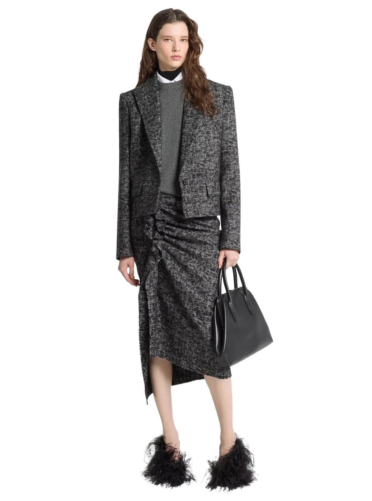 Michael Kors Collection Smudged Glen Plaid Wool Cropped Blazer in Black