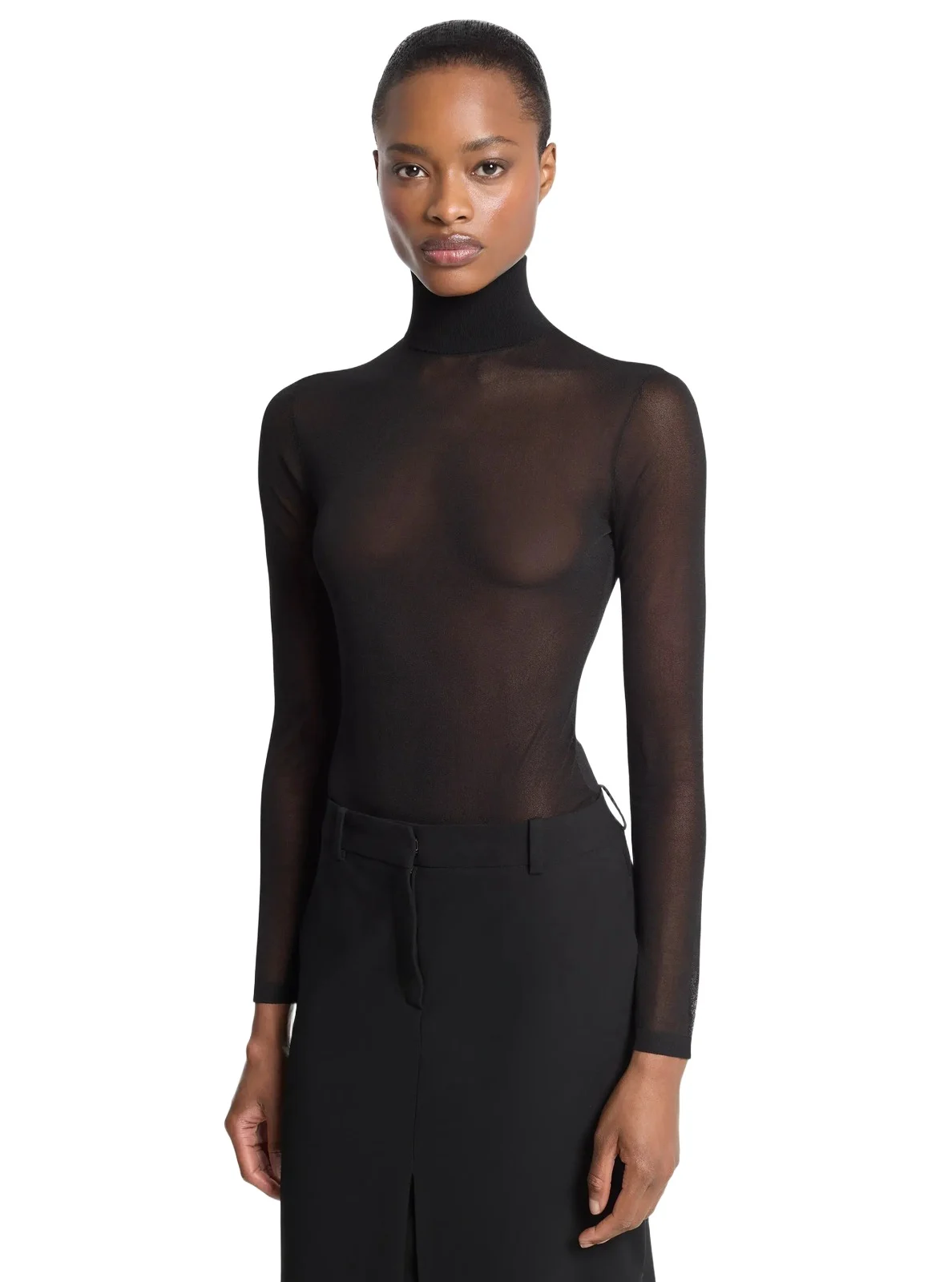 Michael Kors Collection Superfine Sheer Viscose Turtleneck Bodysuit in Black