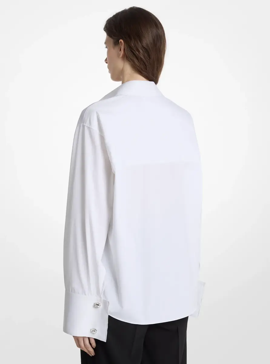 Michael Kors Collection Frayed Cotton Poplin French Cuff Shirt in White | Thumbnail 2