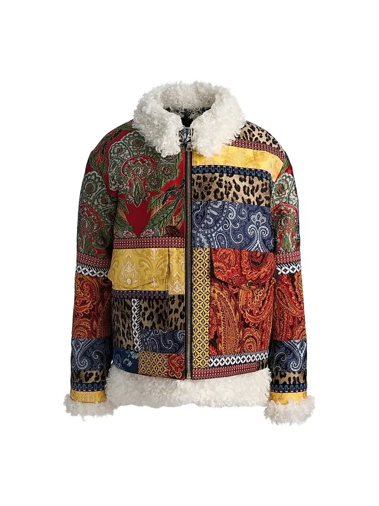 Alice + Olivia Women's Hudson Patchwork Jacquard & Sherpa Aviator Coat | Image 1 Alice + Olivia Women's Hudson Patchwork Jacquard & Sherpa Aviator Coat | Image 1