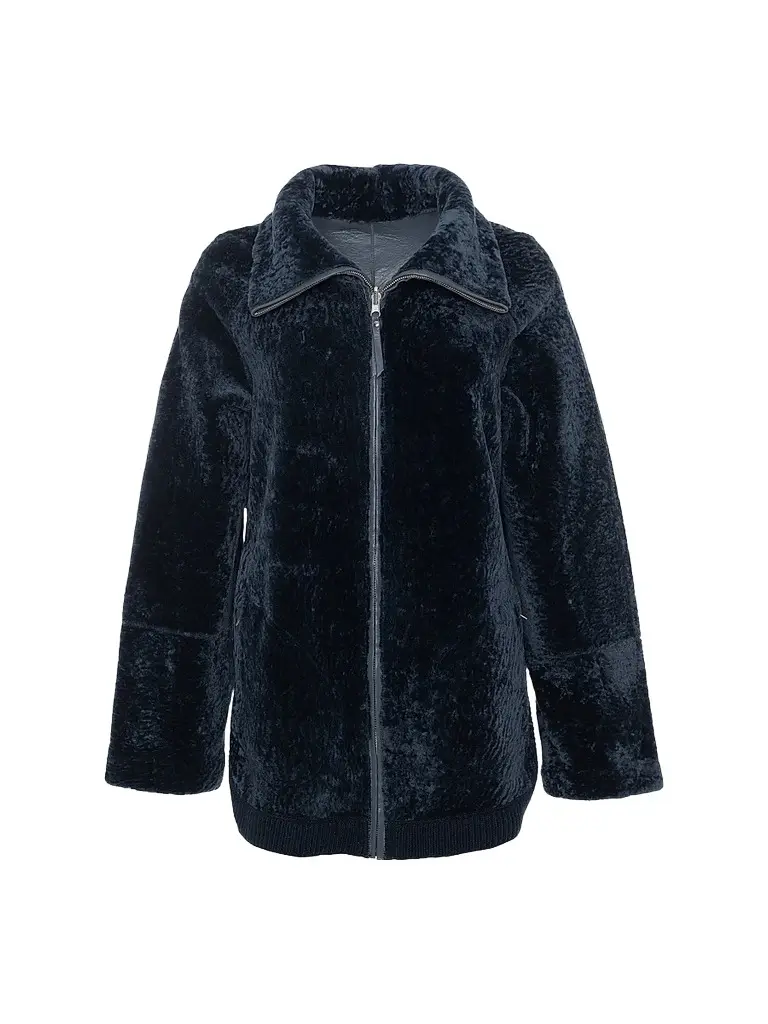 Gorski Women's Textured Shearling Lamb Zip Coat - Navy | Image 1 Gorski Women's Textured Shearling Lamb Zip Coat - Navy | Image 1