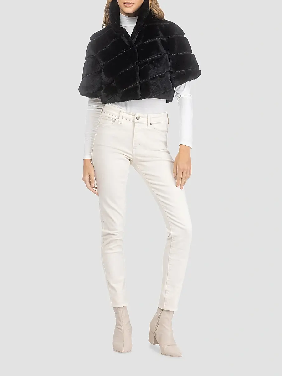 Gorski Women's Select Shearling Lamb Diagonal Bolero with Cropped Sleeves - Black | Thumbnail 2 Gorski Women's Select Shearling Lamb Diagonal Bolero with Cropped Sleeves - Black | Thumbnail 2
