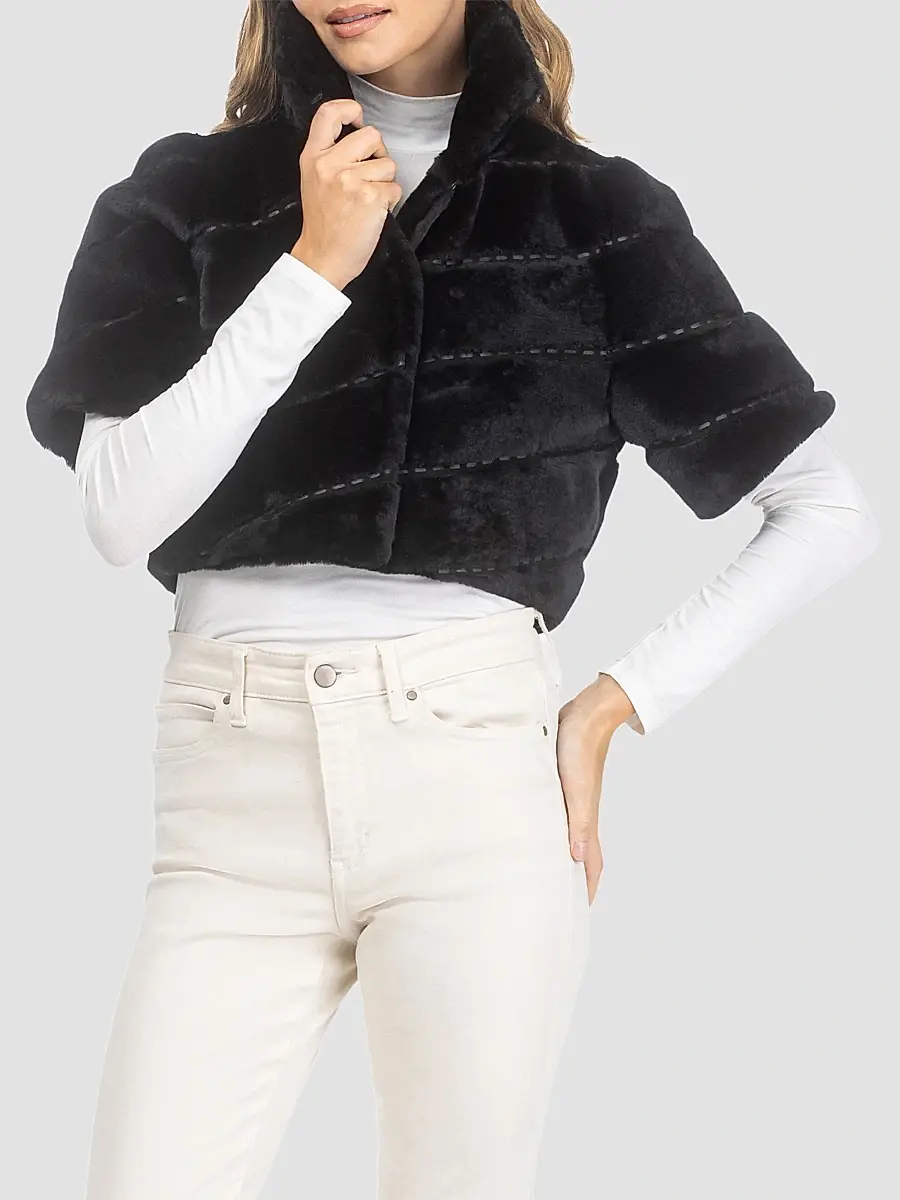Gorski Women's Select Shearling Lamb Diagonal Bolero with Cropped Sleeves - Black | Thumbnail 3 Gorski Women's Select Shearling Lamb Diagonal Bolero with Cropped Sleeves - Black | Thumbnail 3