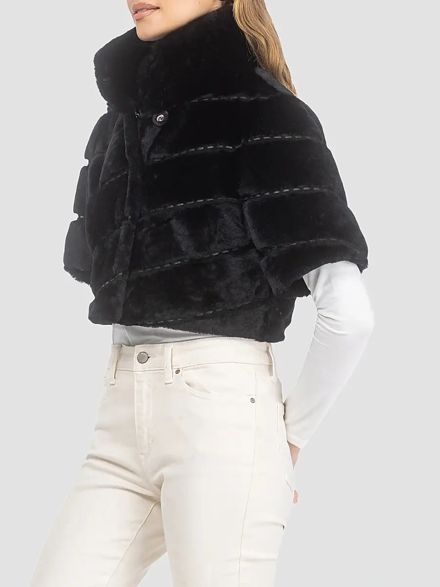 Gorski Women's Select Shearling Lamb Diagonal Bolero with Cropped Sleeves - Black | Thumbnail 4 Gorski Women's Select Shearling Lamb Diagonal Bolero with Cropped Sleeves - Black | Thumbnail 4