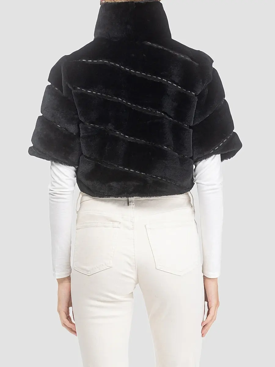 Gorski Women's Select Shearling Lamb Diagonal Bolero with Cropped Sleeves - Black | Thumbnail 5 Gorski Women's Select Shearling Lamb Diagonal Bolero with Cropped Sleeves - Black | Thumbnail 5